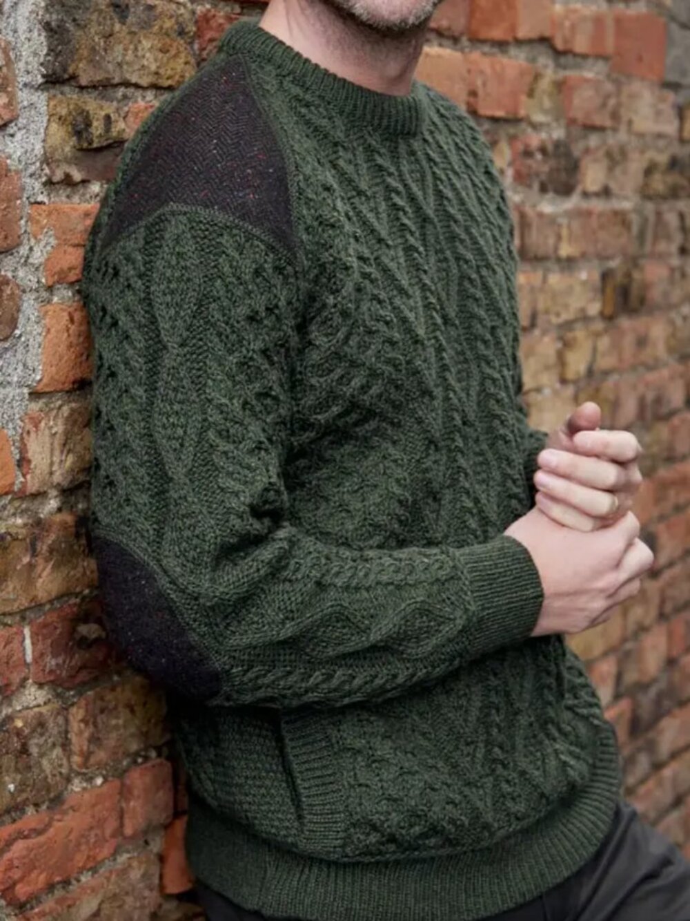 Irish Wool Aran Cable Tweed Patch Fisherman Sweater Army Olive Green L Rugged